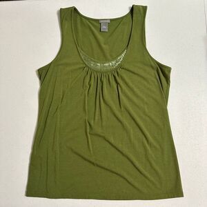 Ann Taylor Solid Green Sleeveless Tank Top Scoop Neck Sequins Neckline Stretch L